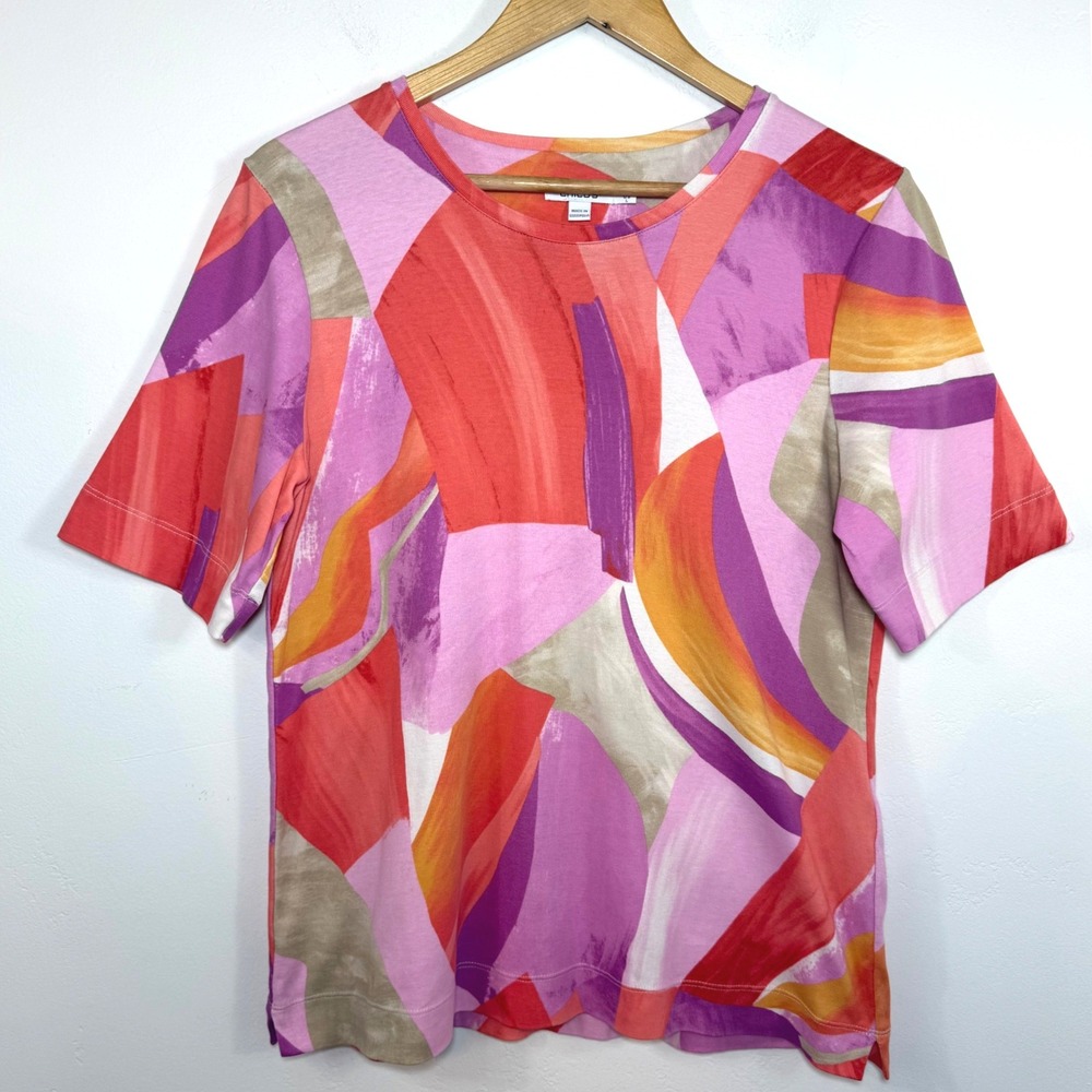 Chico's Abstract 100% Pima Cotton T-Shirt Pink Purple Artsy Boho Size 2 Large